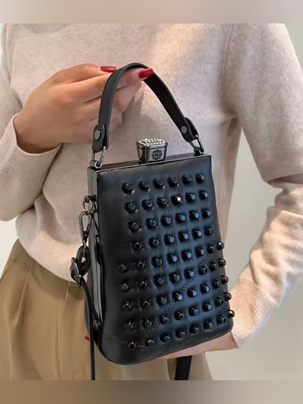 Black Studded Box Shoulder Bag with Top Handle